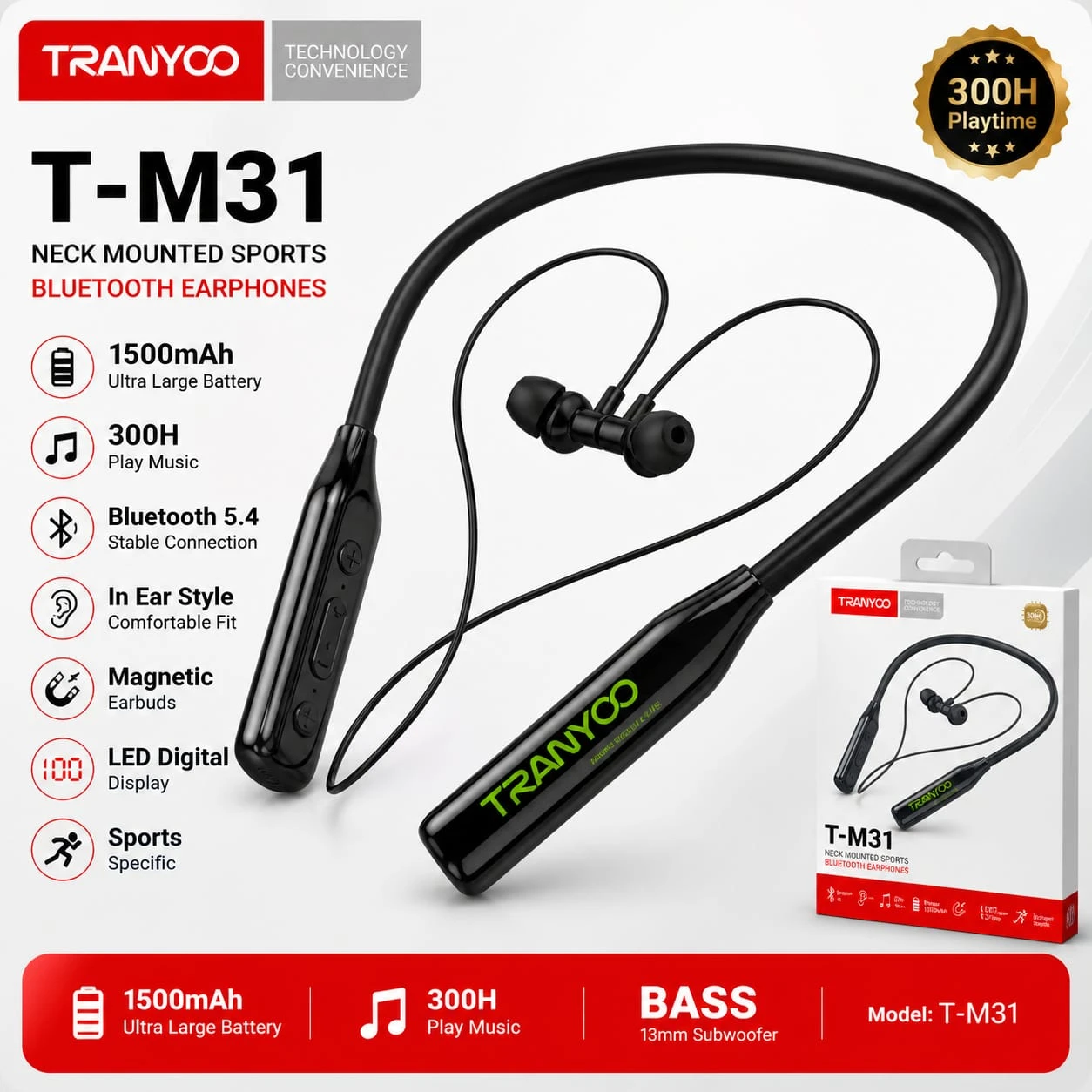 Tranyoo T-M31 Bluetooth Neckband 1500mAh Long Battery Wireless Earphone