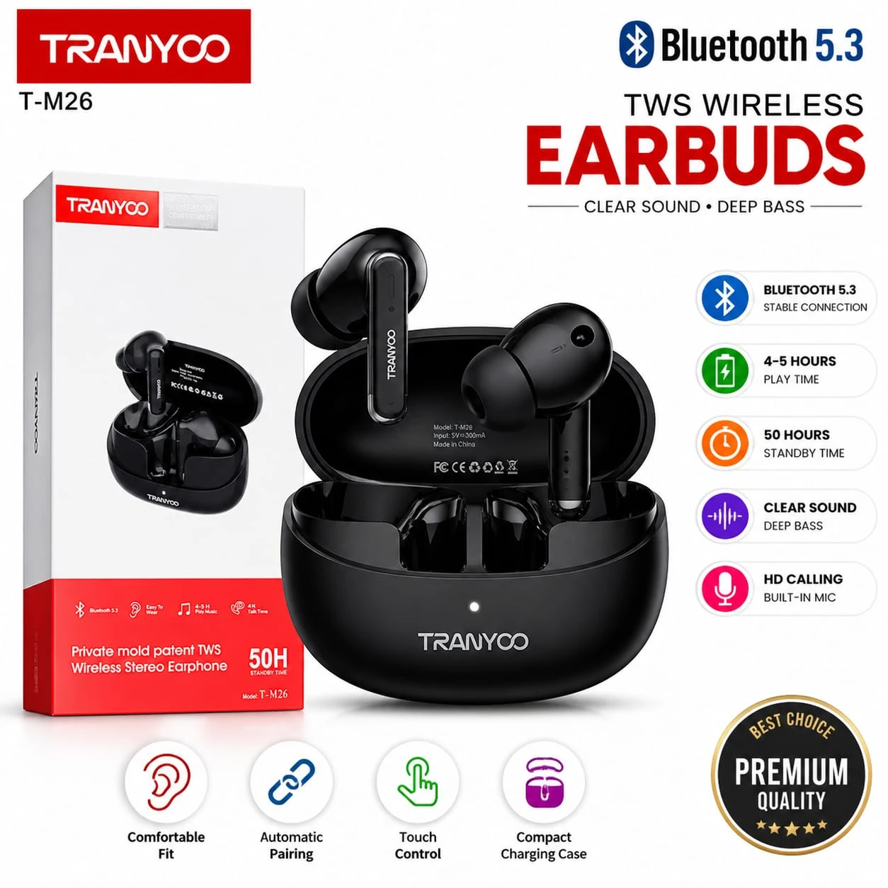 Tranyoo T-M26 TWS Wireless Bluetooth Earbuds 5.3 Stereo Earphone