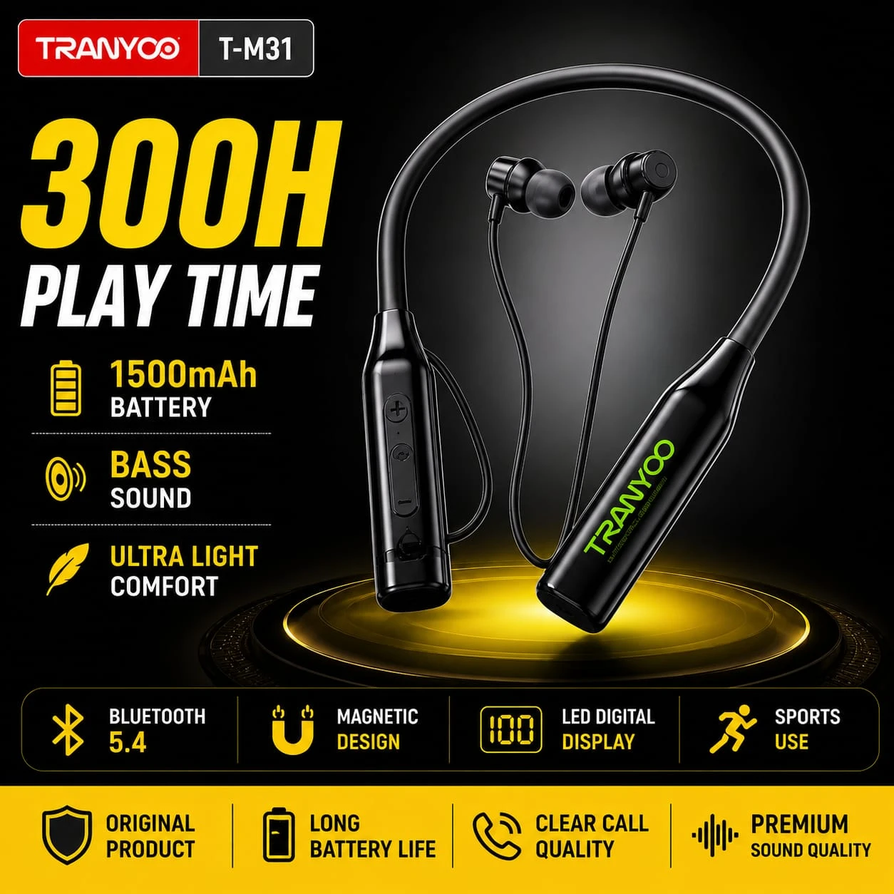 Tranyoo T-M31 Bluetooth Neckband 1500mAh Long Battery