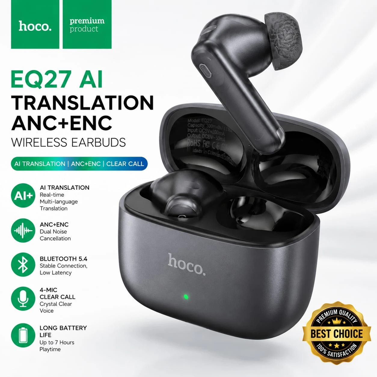 HOCO EQ27 AI Translation ANC+ENC Wireless Earbuds