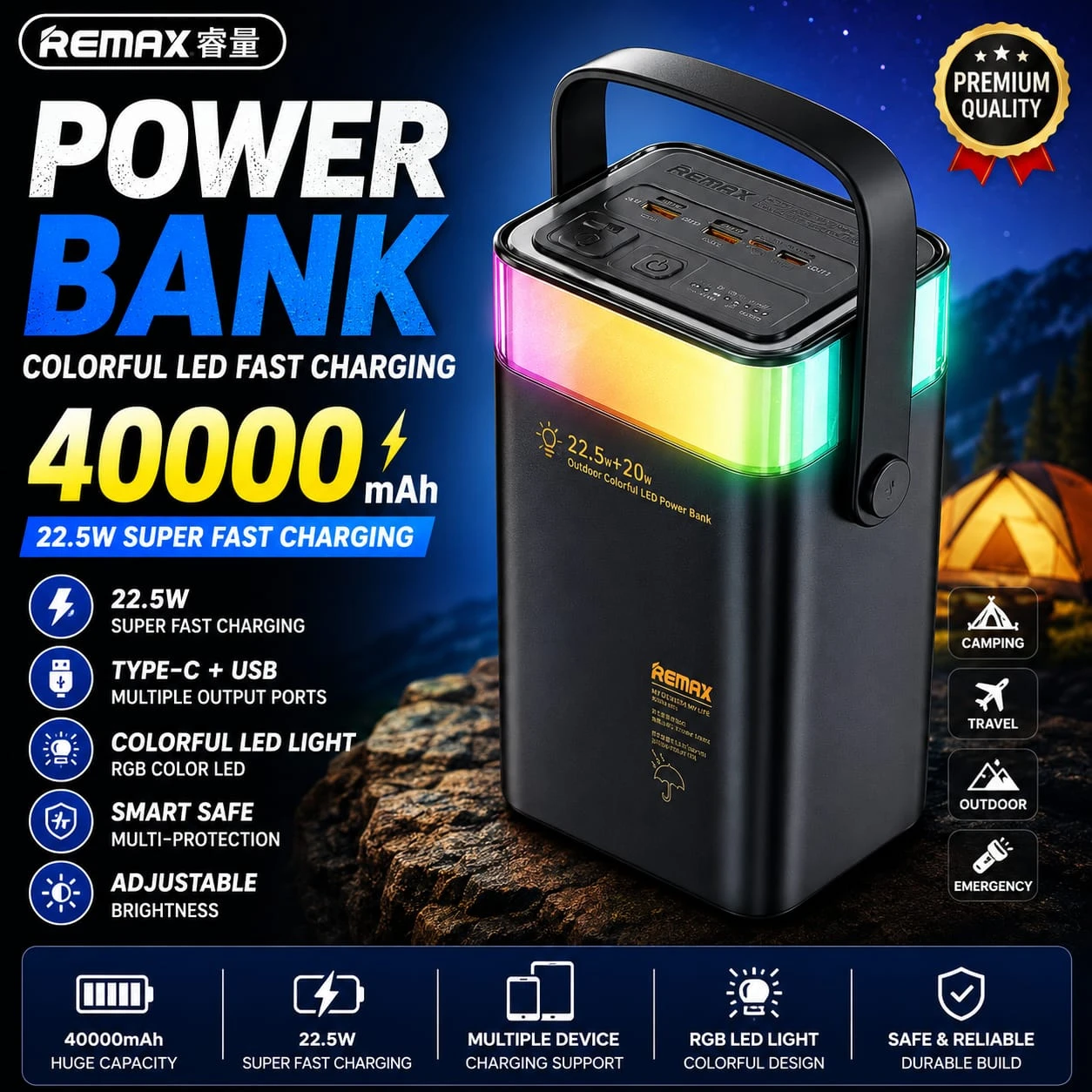 Remax RPP-596 40000mAh Outdoor Colorful LED Fast Charging Power Bank