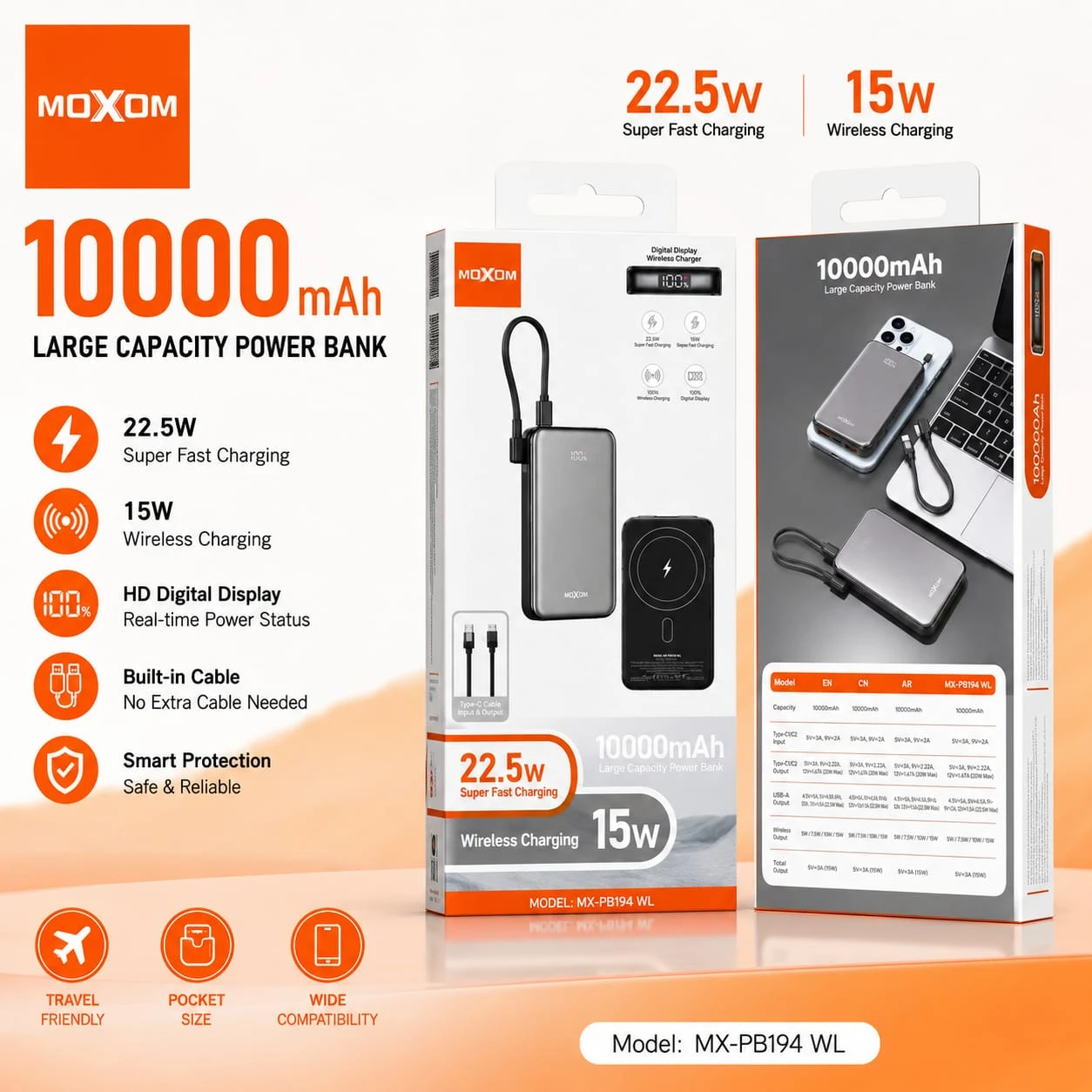 MOXOM MX-PB194 WL 10000mAh 22.5W Wireless Fast Charging Power Bank