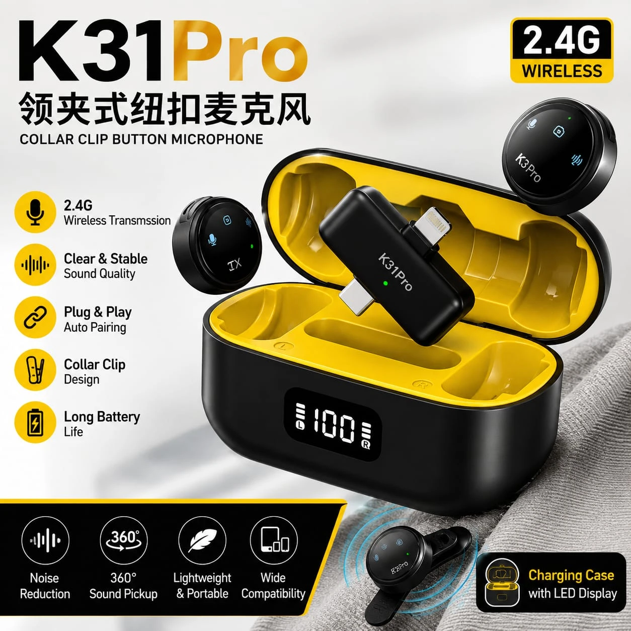 K31 Pro 2.4G Wireless Collar Clip Microphone