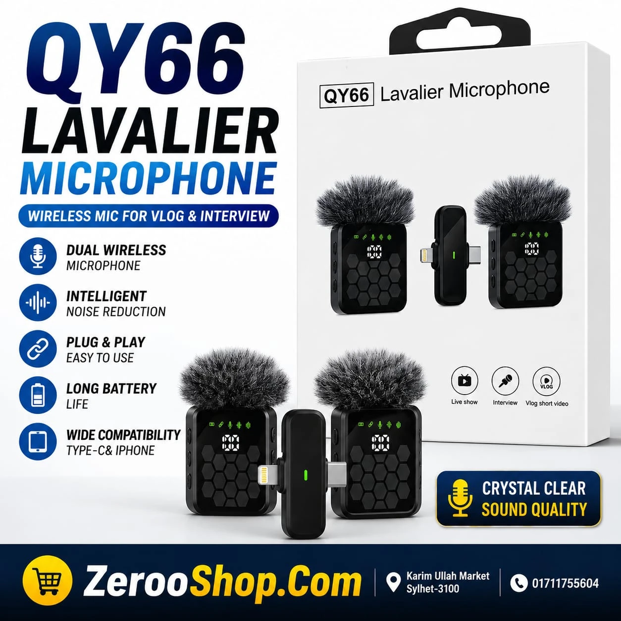 QY66 Wireless Lavalier Microphone | Dual Mic for Type-C & iPhone