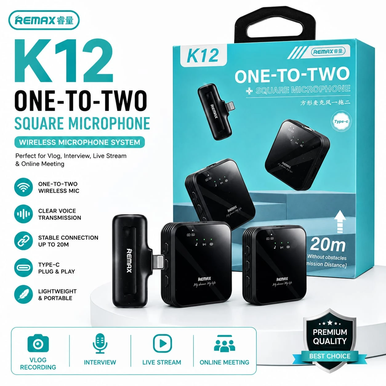REMAX K12 One-To-Two Wireless Microphone | Square Dual Mic