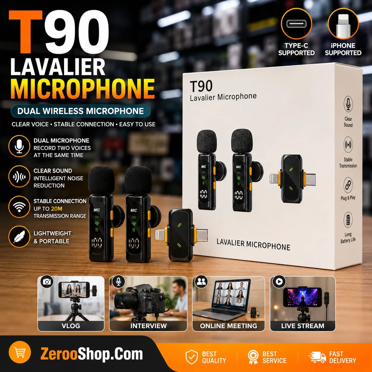 T90 Wireless Lavalier Microphone | Dual Mic for Type-C & iPhone