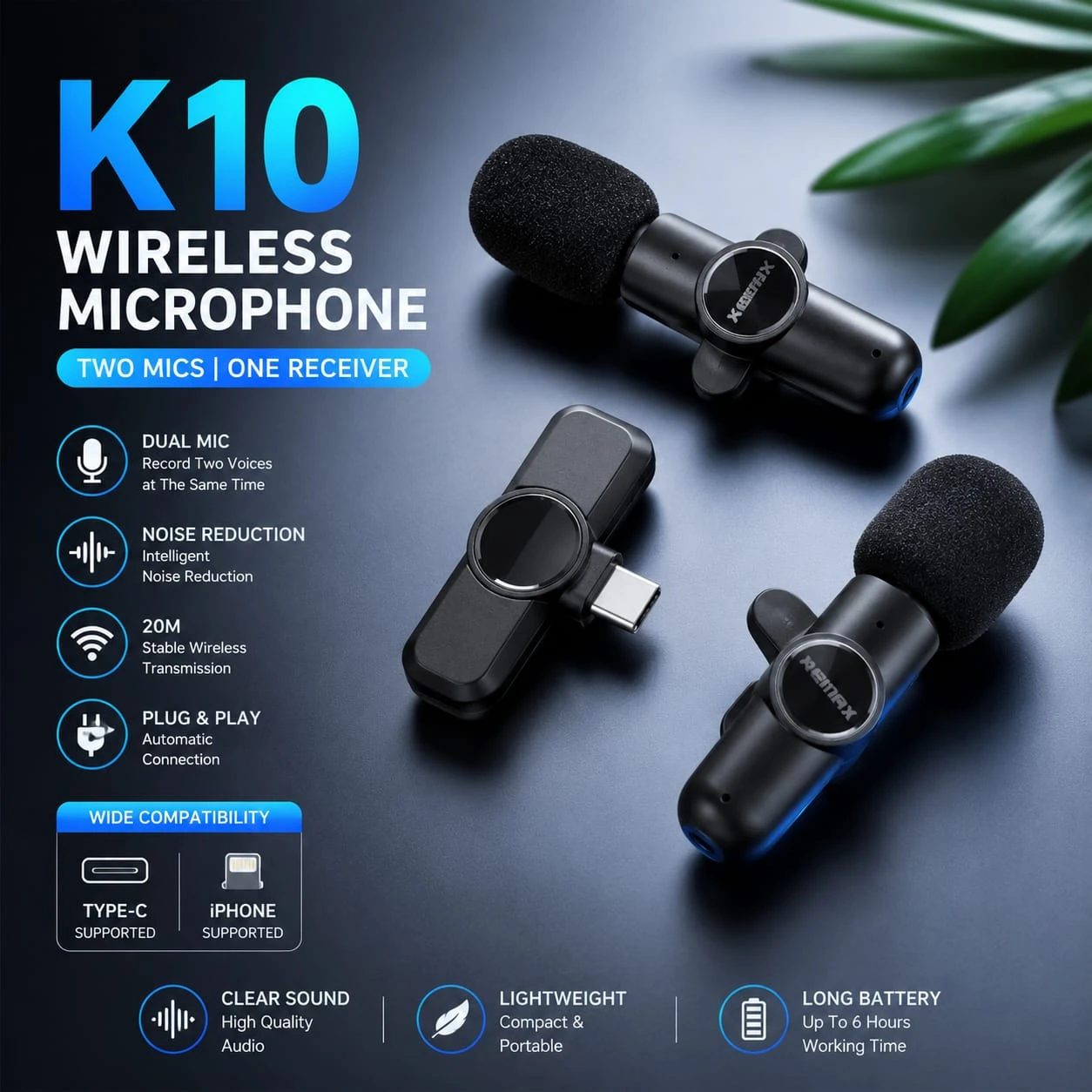 K10 Wireless Clip-On Microphone | Dual Mic for Type-C & iPhone
