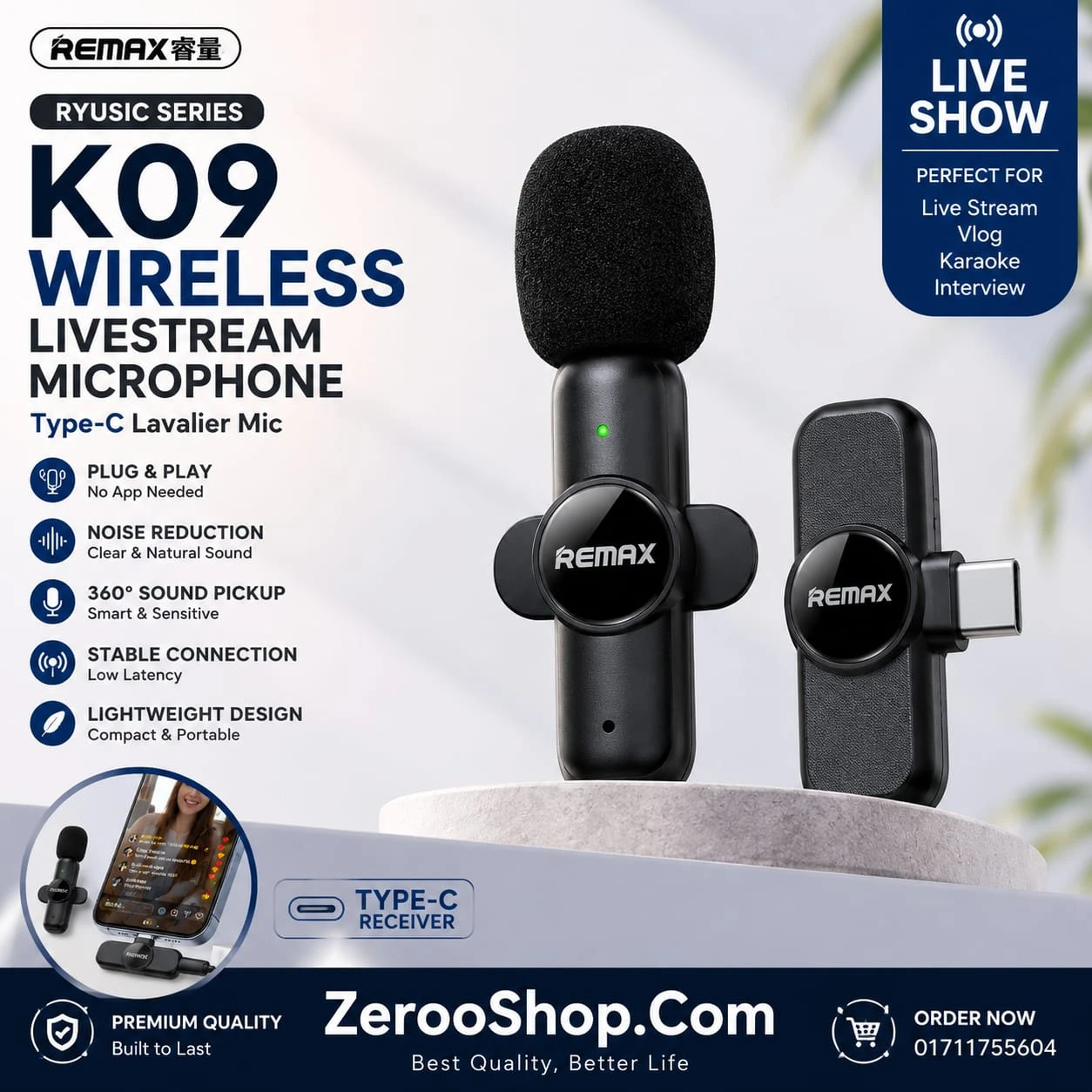 REMAX K09 Wireless Live-Stream Microphone | Type-C Lavalier Mic